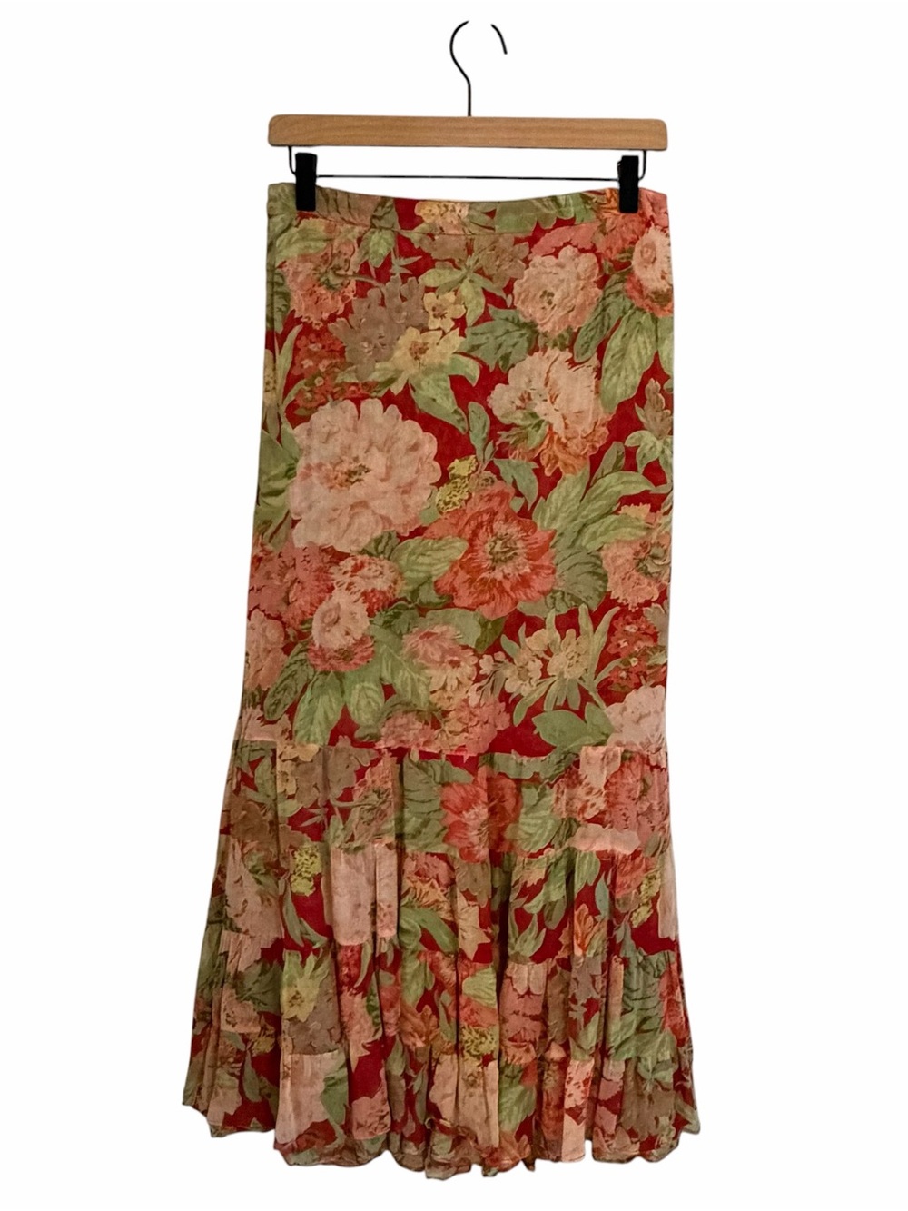 Vintage Sarah Arizona Tiered Floral Maxi Skirt Size L Cottage Boho Fairy Grunge
